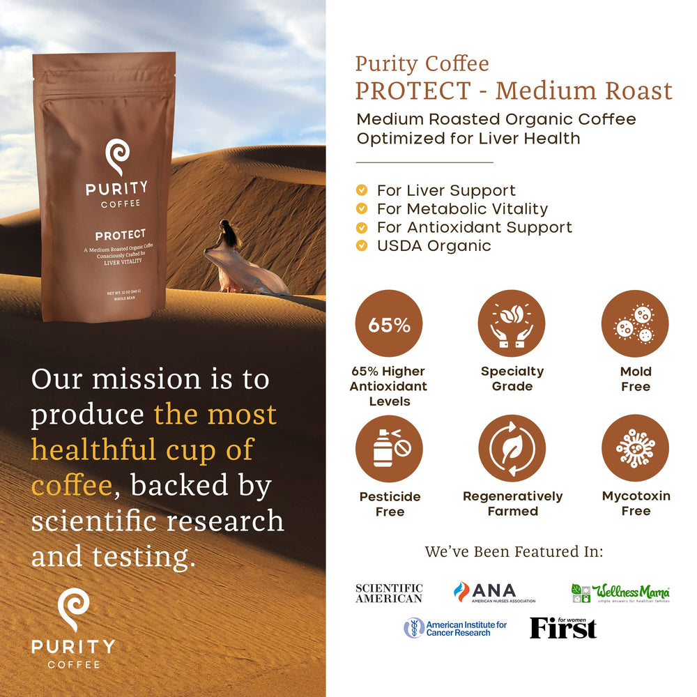 Purity Coffee PROTECT Rainforest Alliance label confirms sustainable farming.