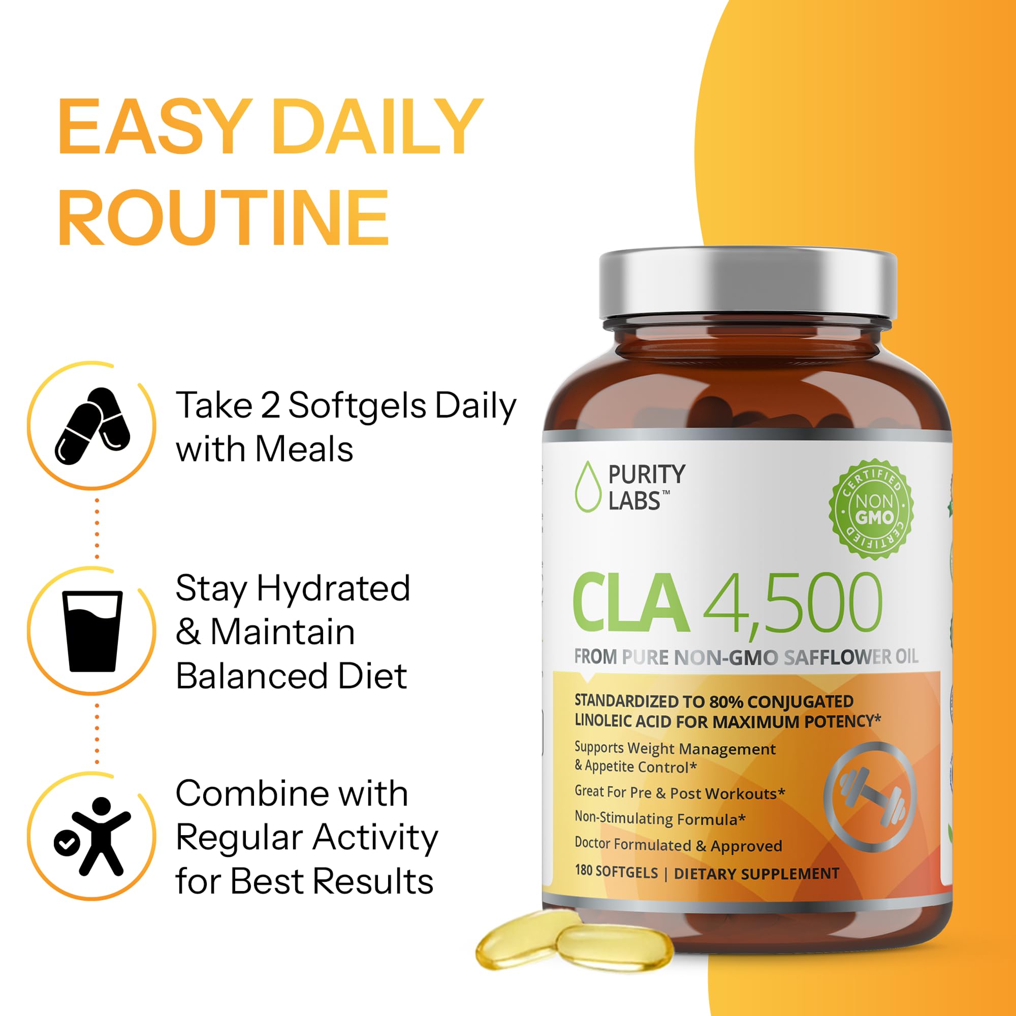 Purity Labs CLA bottle features non-GMO emblem and transparent ingredients.