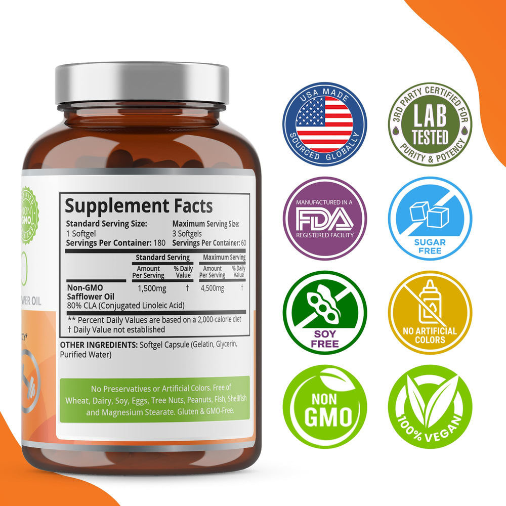 Purity Labs CLA bottle on workout bag suggests daily energy and activity support.
