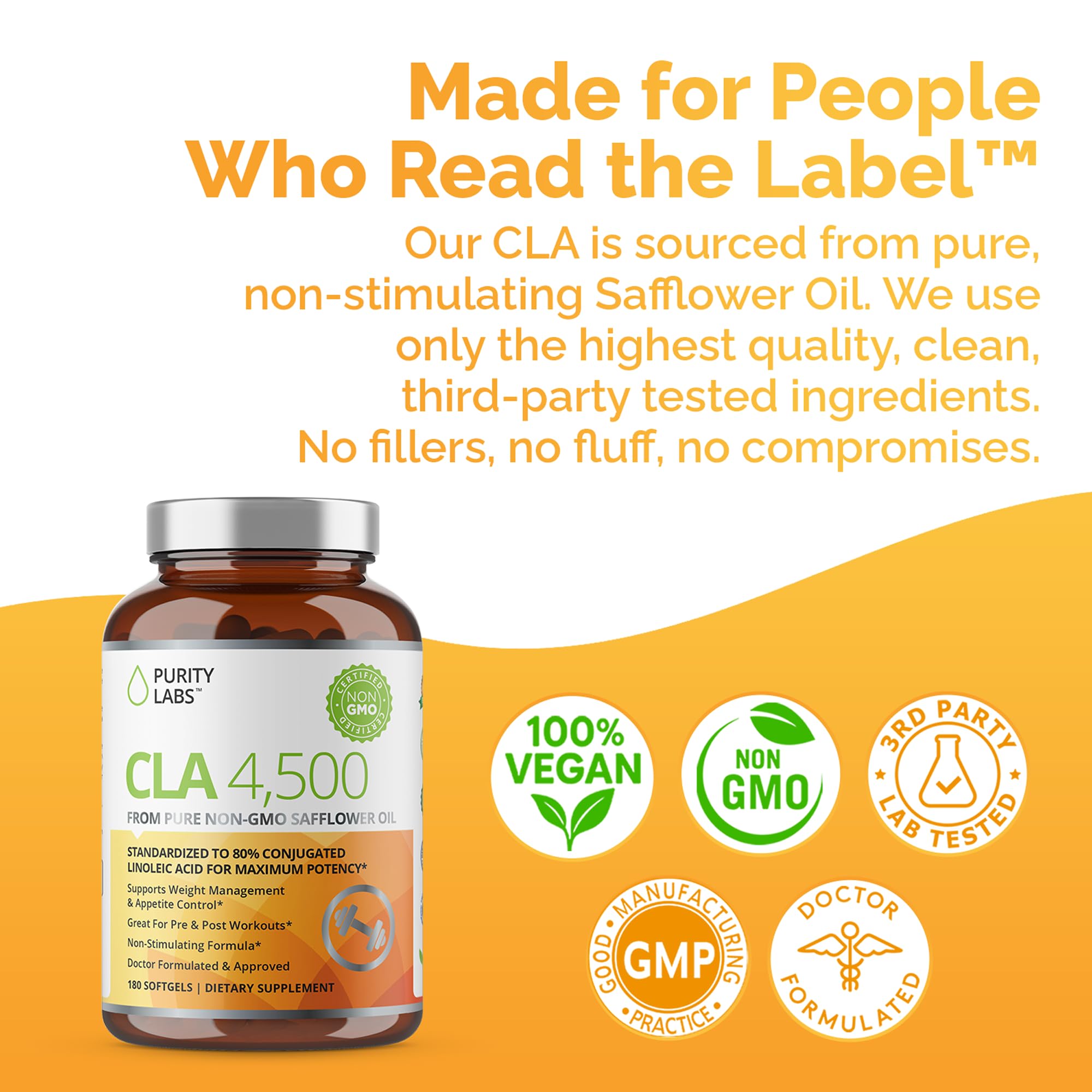 Purity Labs CLA bottle highlights organic ingredients and clean-label commitment.