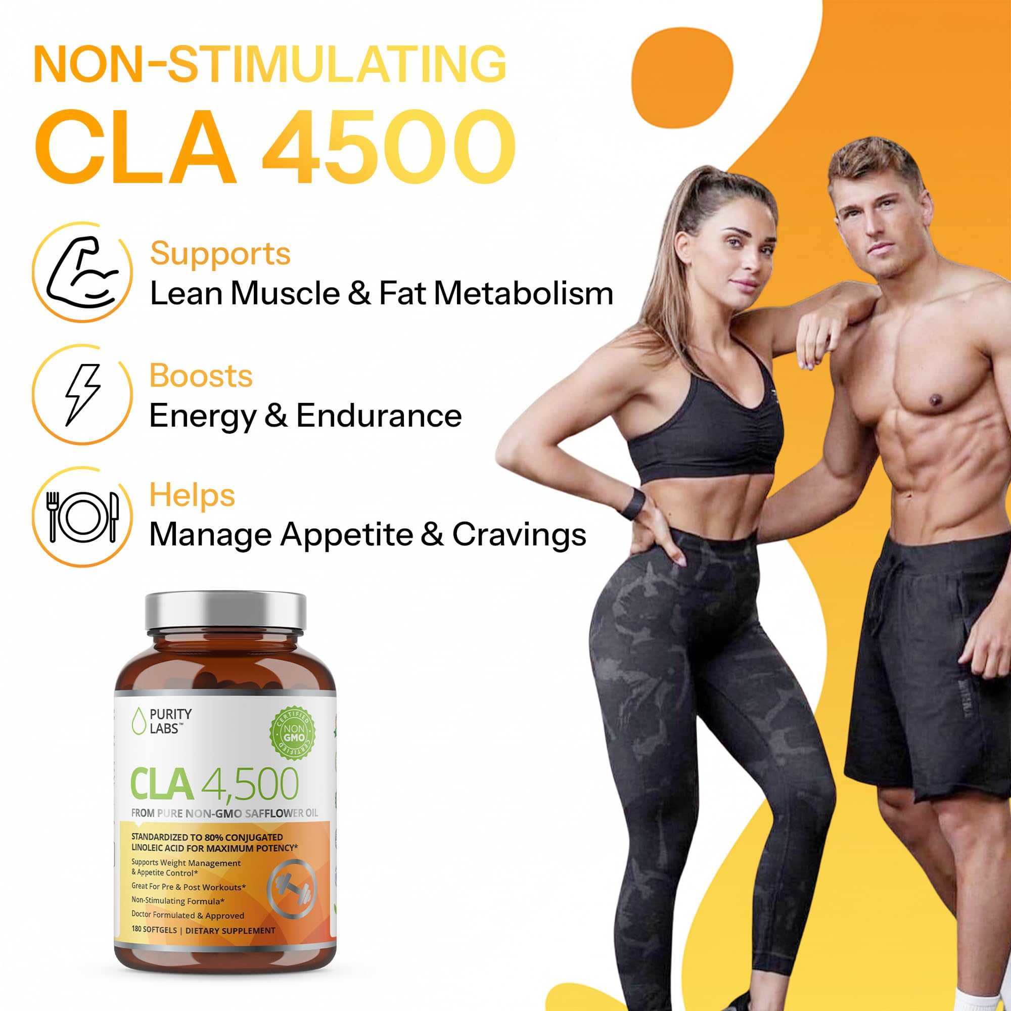 Purity Labs CLA softgels close-up label highlights non-GMO safflower oil and purity.