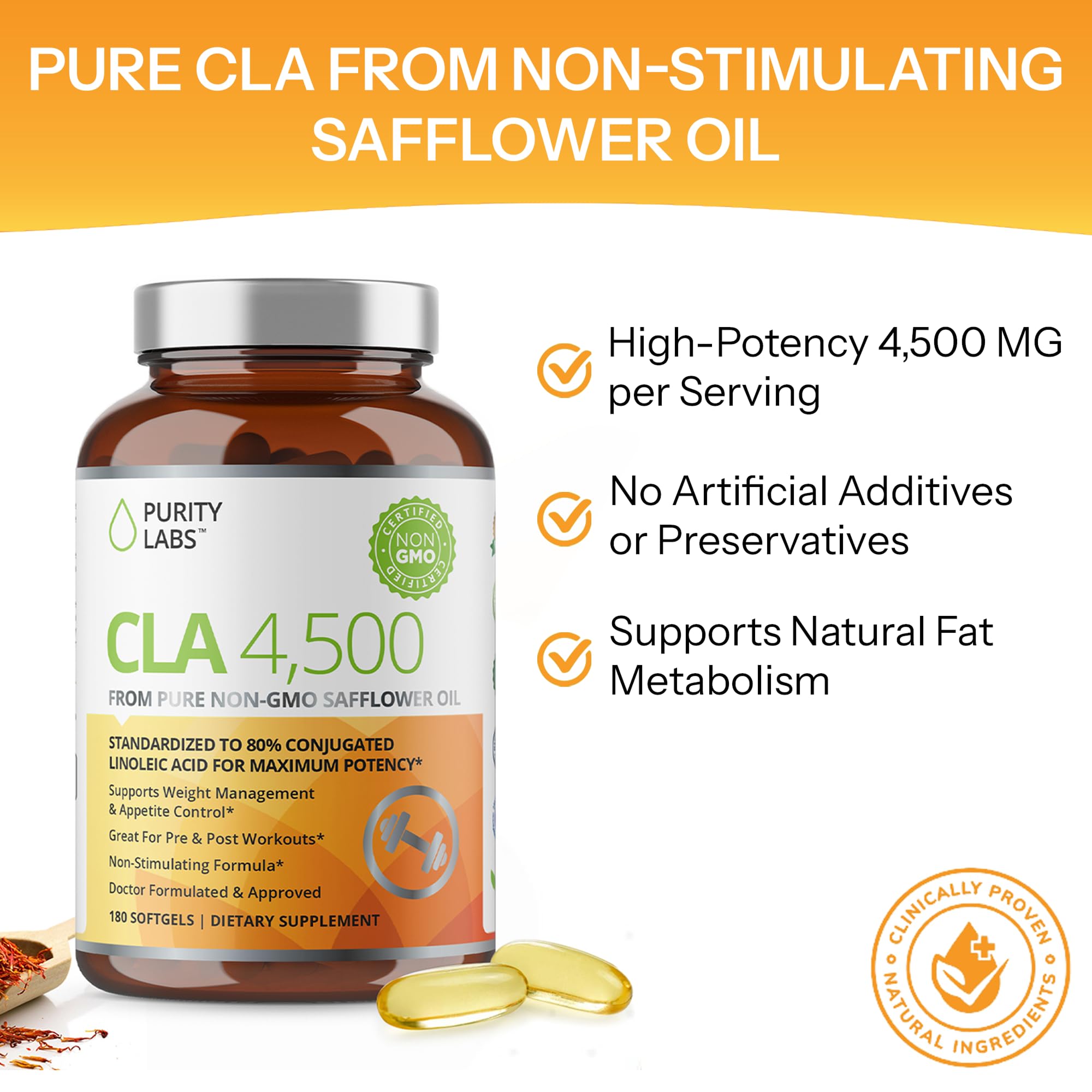 Purity Labs CLA softgels on spoon convey convenient daily dosage.