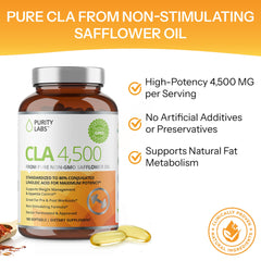 Purity Labs CLA softgels on spoon convey convenient daily dosage.