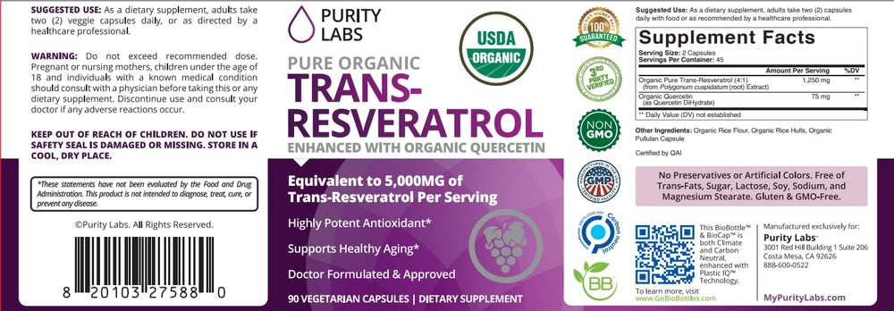 Purity Labs Organic seal on packaging reinforces clean-label trust.