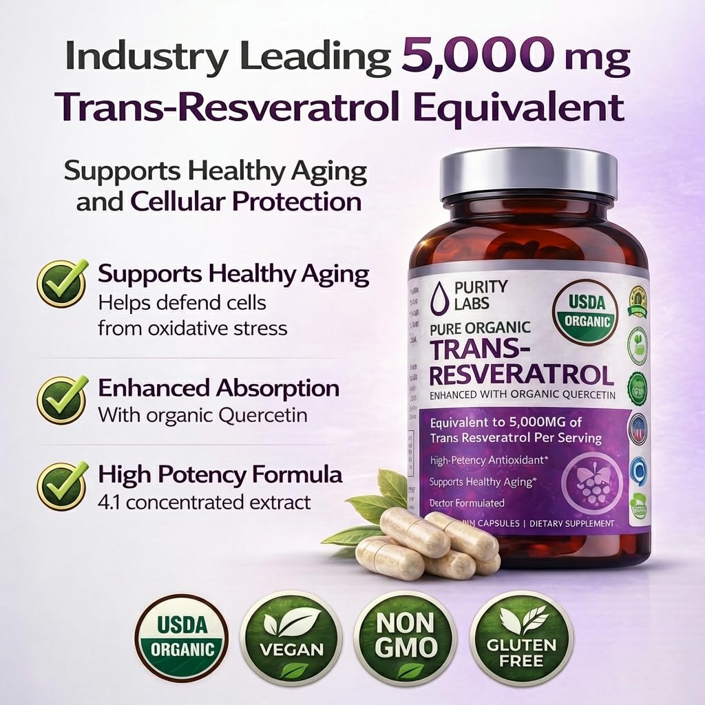Purity Labs Trans-Resveratrol capsules offer convenient vegan antioxidant support.