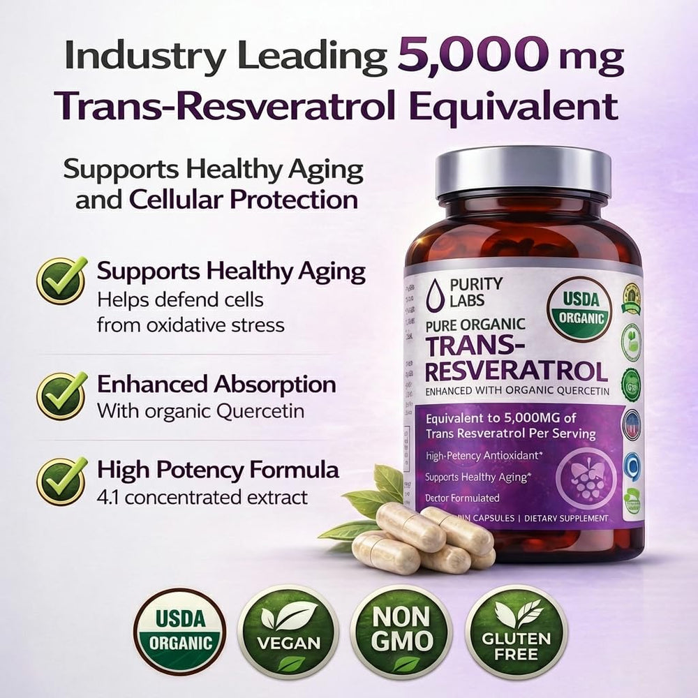 Purity Labs Trans-Resveratrol capsules offer convenient vegan antioxidant support.