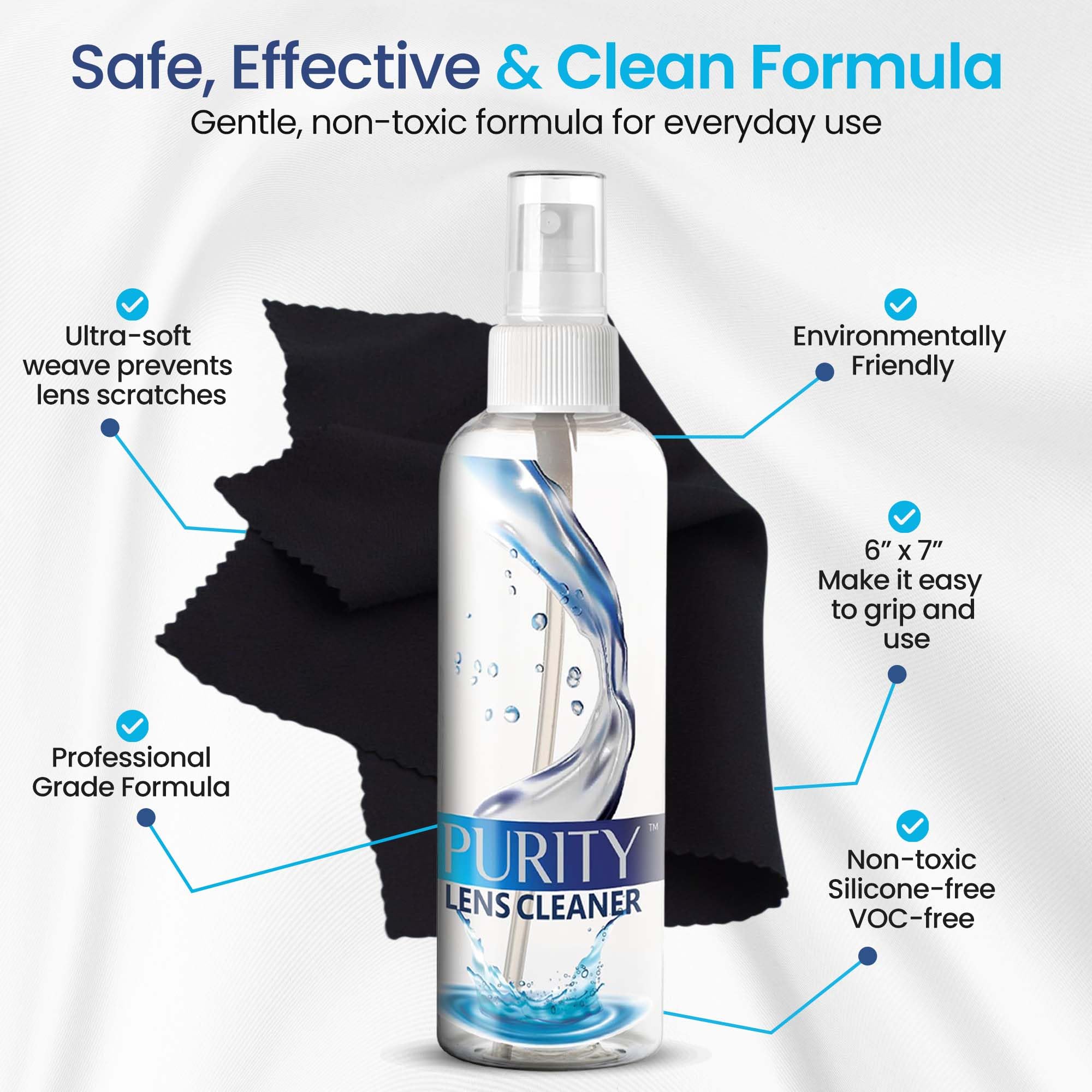 Purity Lens Cleaner kit with bottles ready for safe, streak-free cleaning.