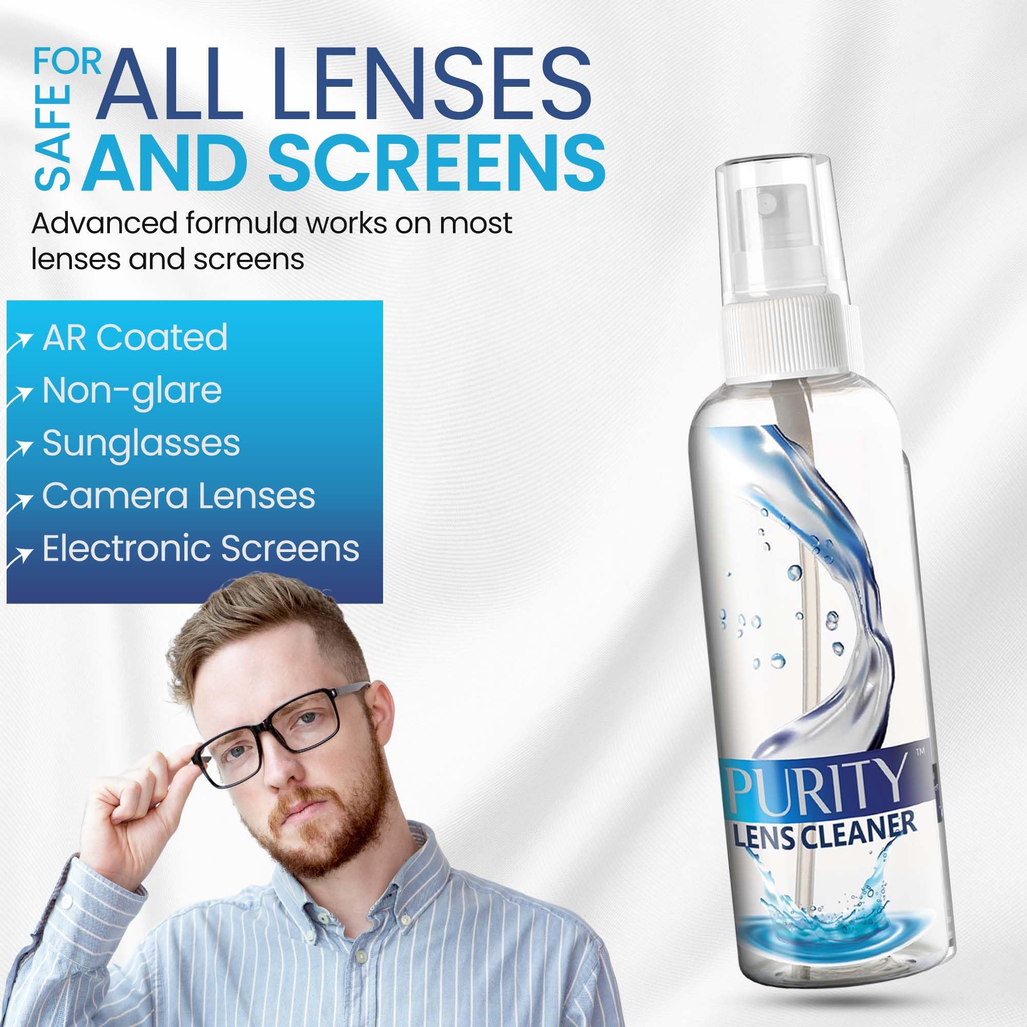Purity Lens Cleaner being sprayed on eyeglasses for clear view.