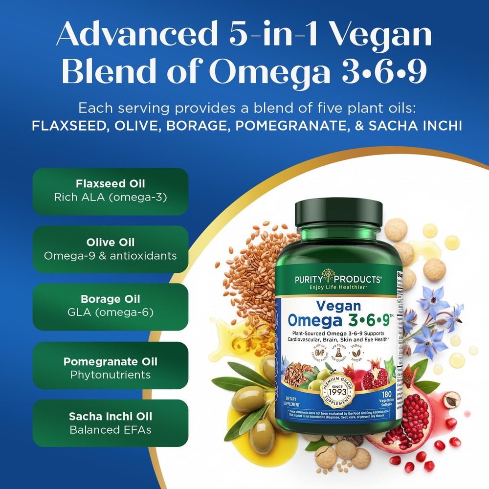 Purity Products flaxseed oil and extra virgin olive oil focus.
