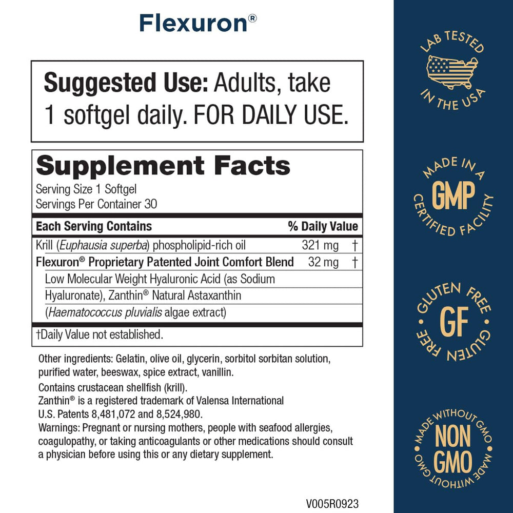 Purity Products Flexuron hyaluronic acid softgel highlighting mobility support