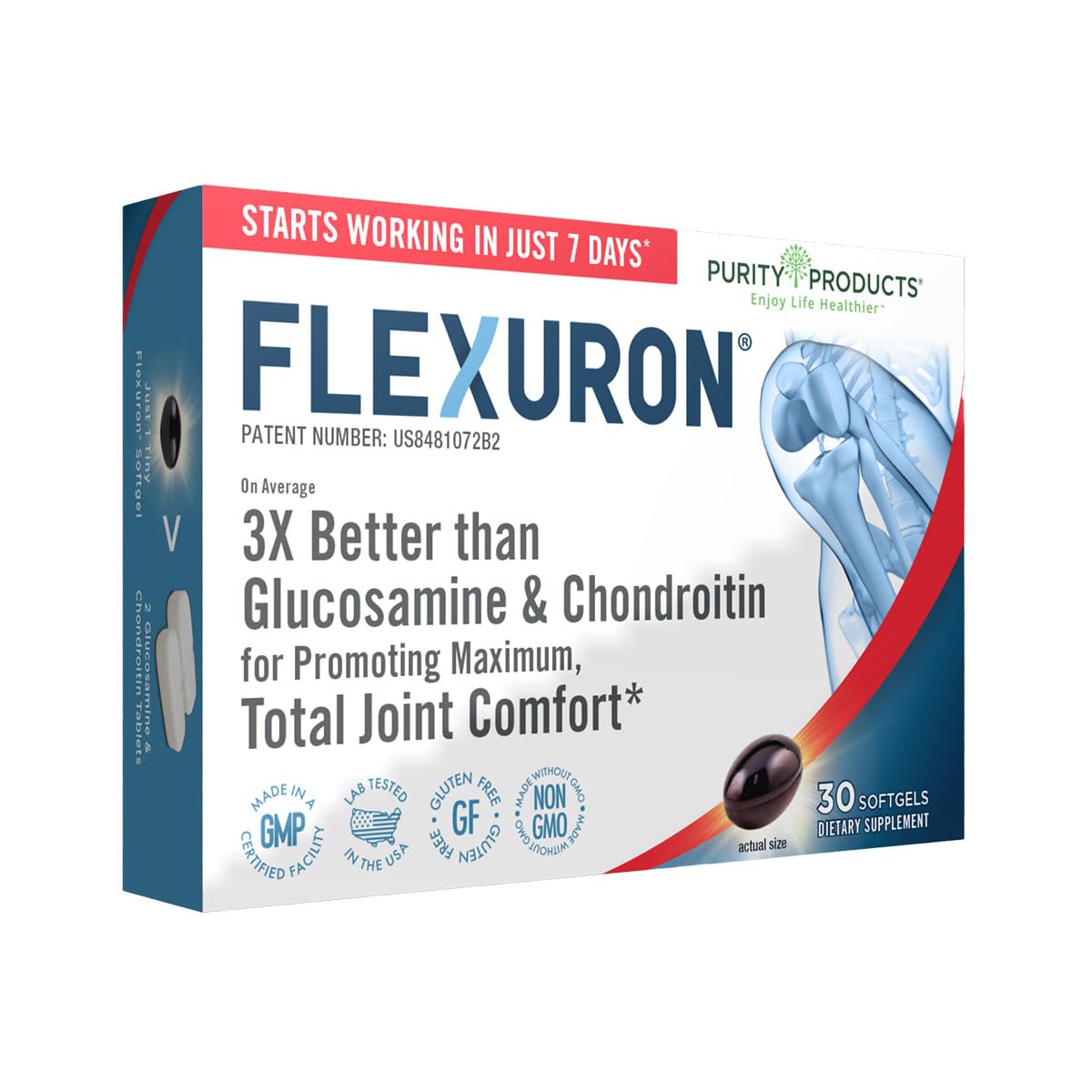 Purity Products Flexuron krill oil bottle showing joint comfort potential