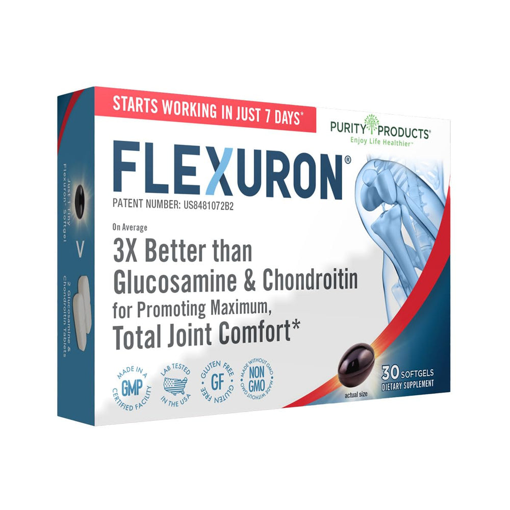 Purity Products Flexuron krill oil bottle showing joint comfort potential