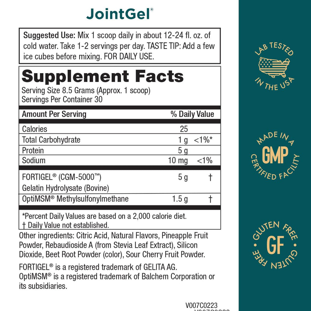 Purity Products JointGel label close-up highlighting CGM-5000 and OptiMSM