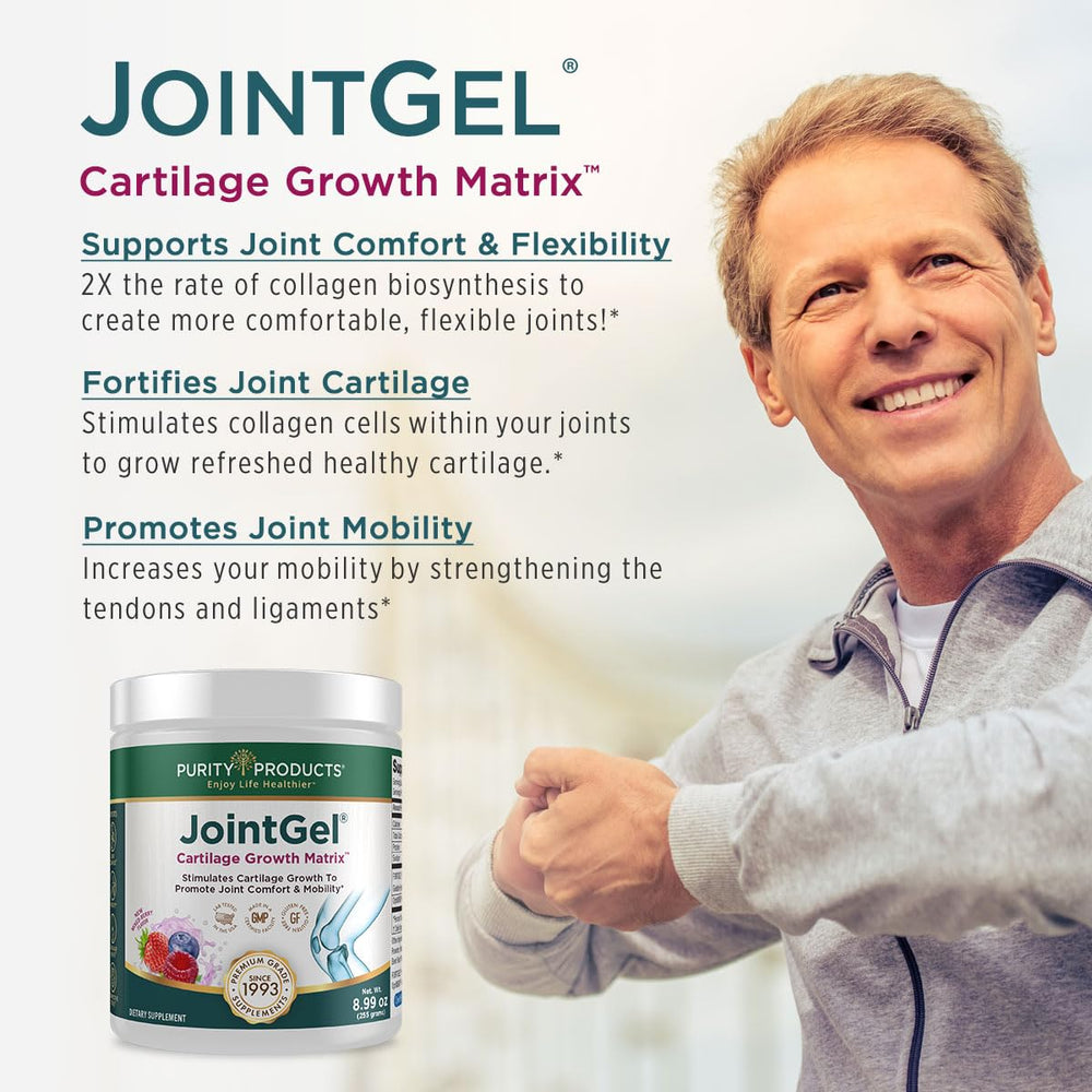 Purity Products JointGel ingredients scene showcasing bioactive collagen peptides