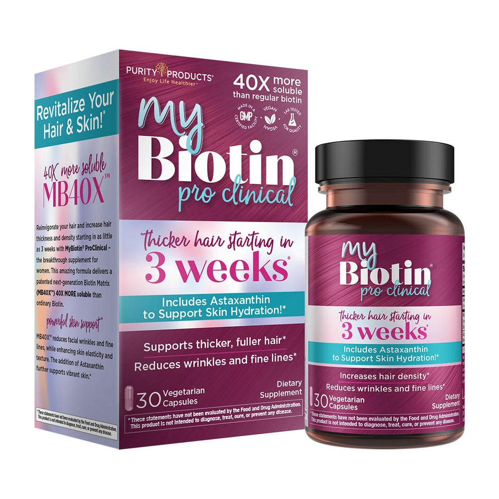 Purity Products MyBiotin ProClinical bottle highlighting MB40X solubility and daily use