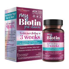 Purity Products MyBiotin ProClinical bottle highlighting MB40X solubility and daily use