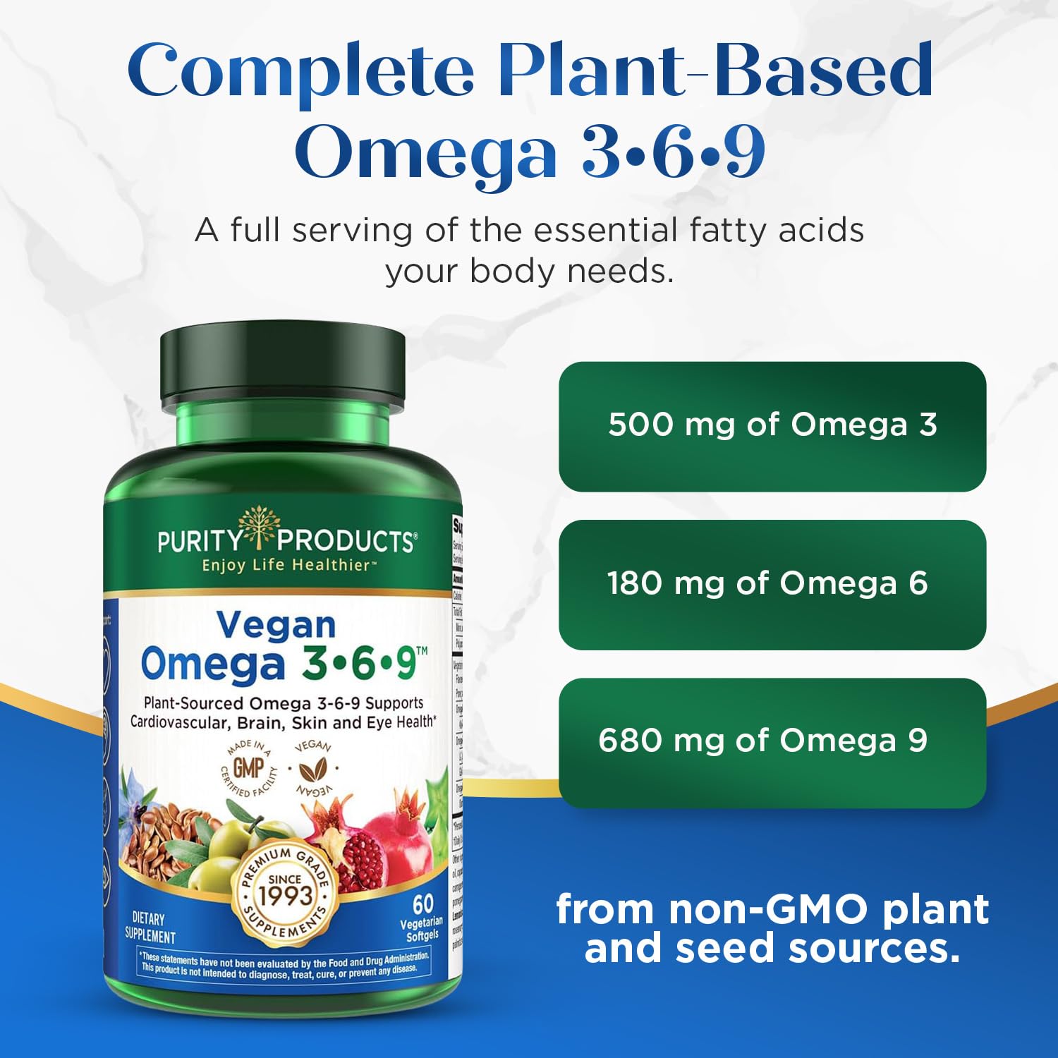 Purity Products Omega 3-6-9 extra virgin olive oil highlight for healthy fat blend.
