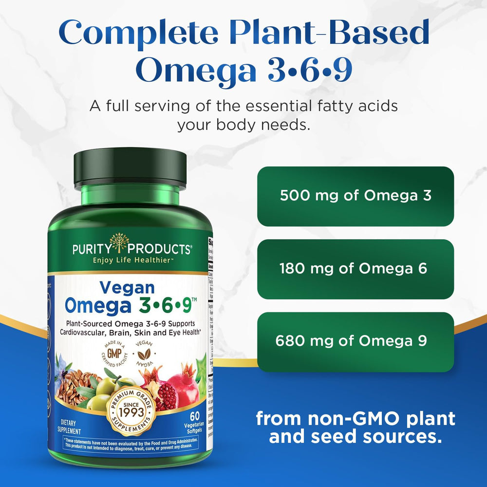 Purity Products Omega 3-6-9 extra virgin olive oil highlight for healthy fat blend.
