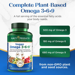 Purity Products Omega 3-6-9 extra virgin olive oil highlight for healthy fat blend.