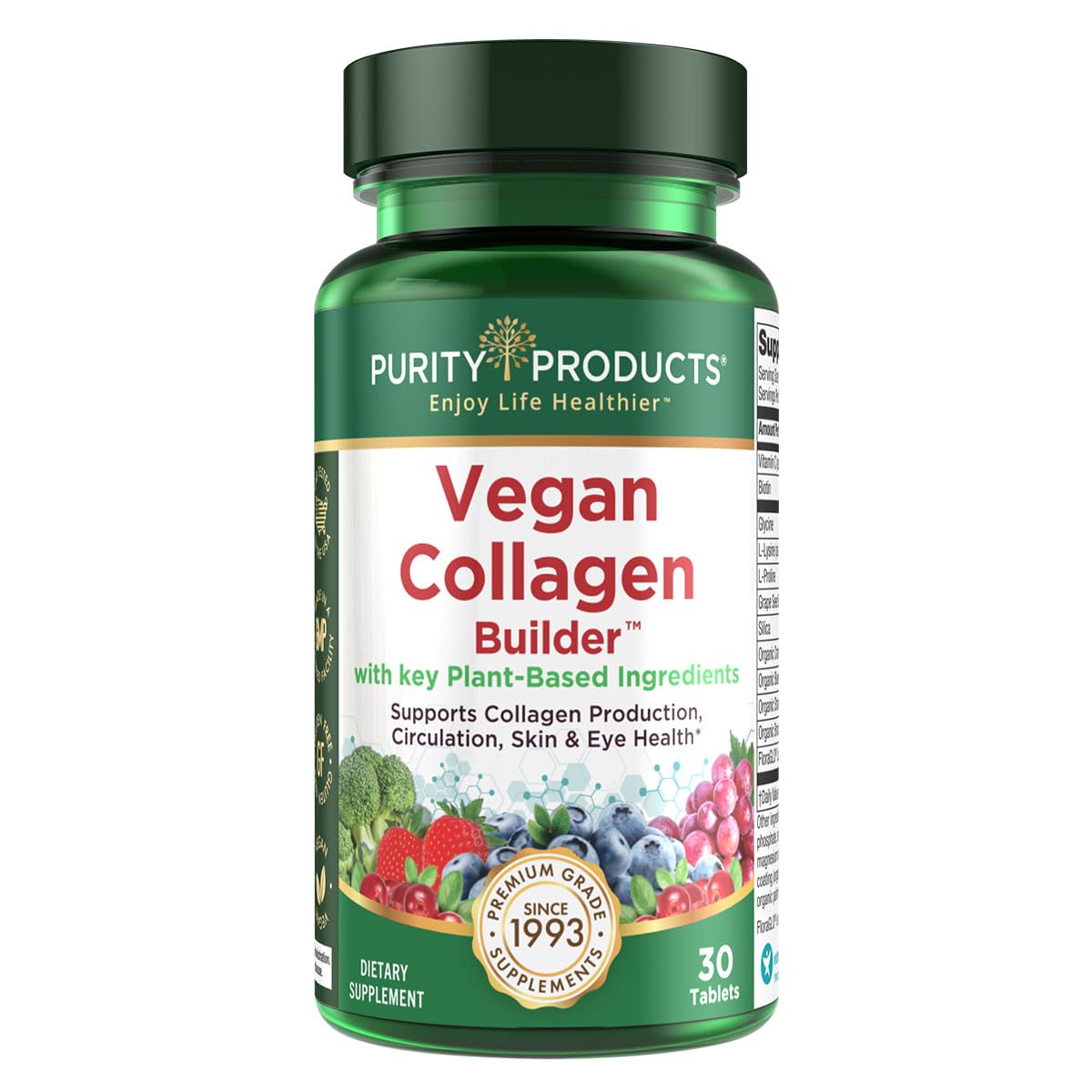 Purity Products Vegan Collagen Builder tablet close-up showing easy-to-swallow coating
