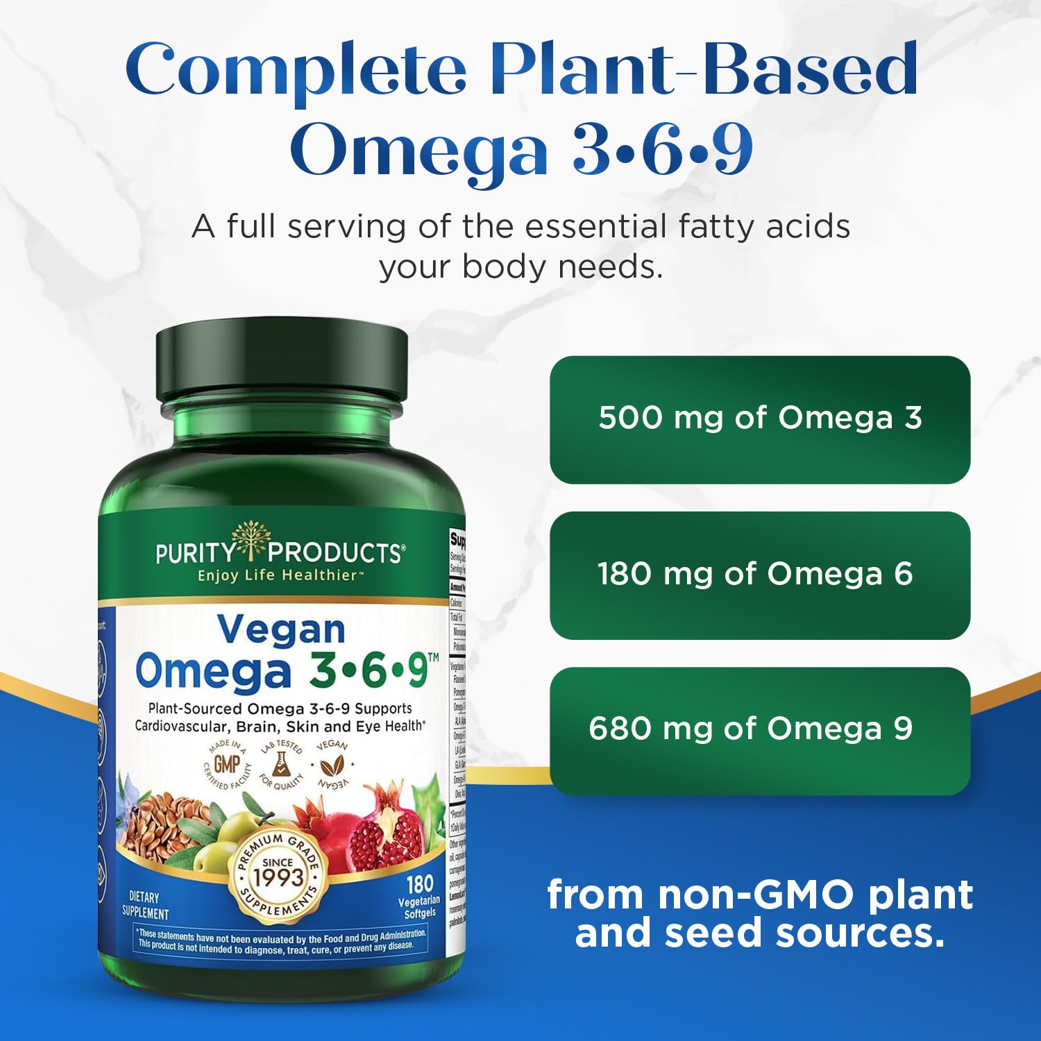 Purity Products vegan omega blend ingredients including flaxseed and olive oil.