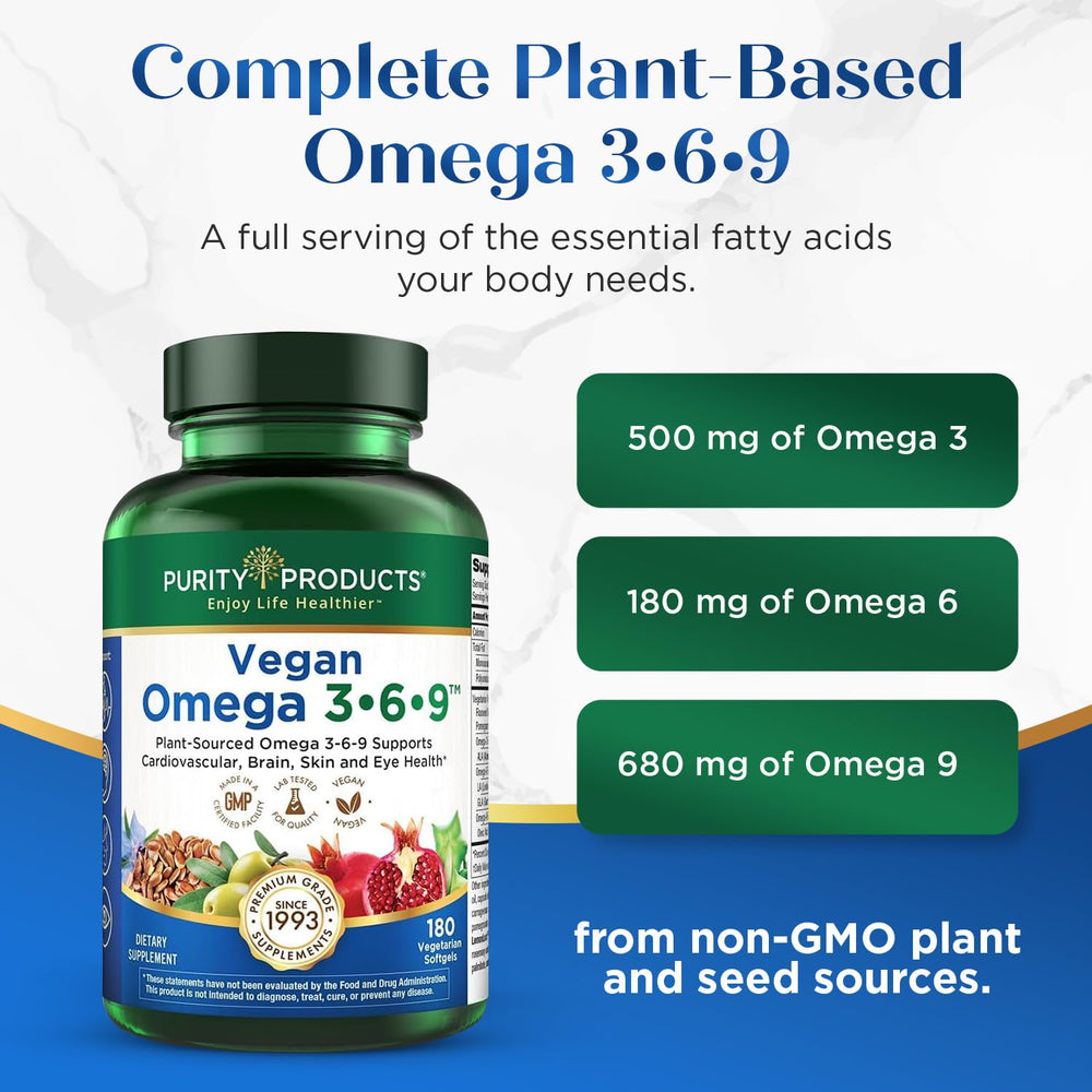 Purity Products vegan omega blend ingredients including flaxseed and olive oil.