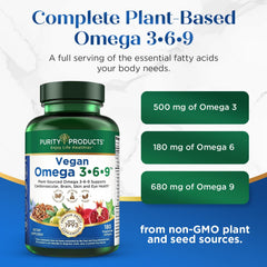 Purity Products vegan omega blend ingredients including flaxseed and olive oil.