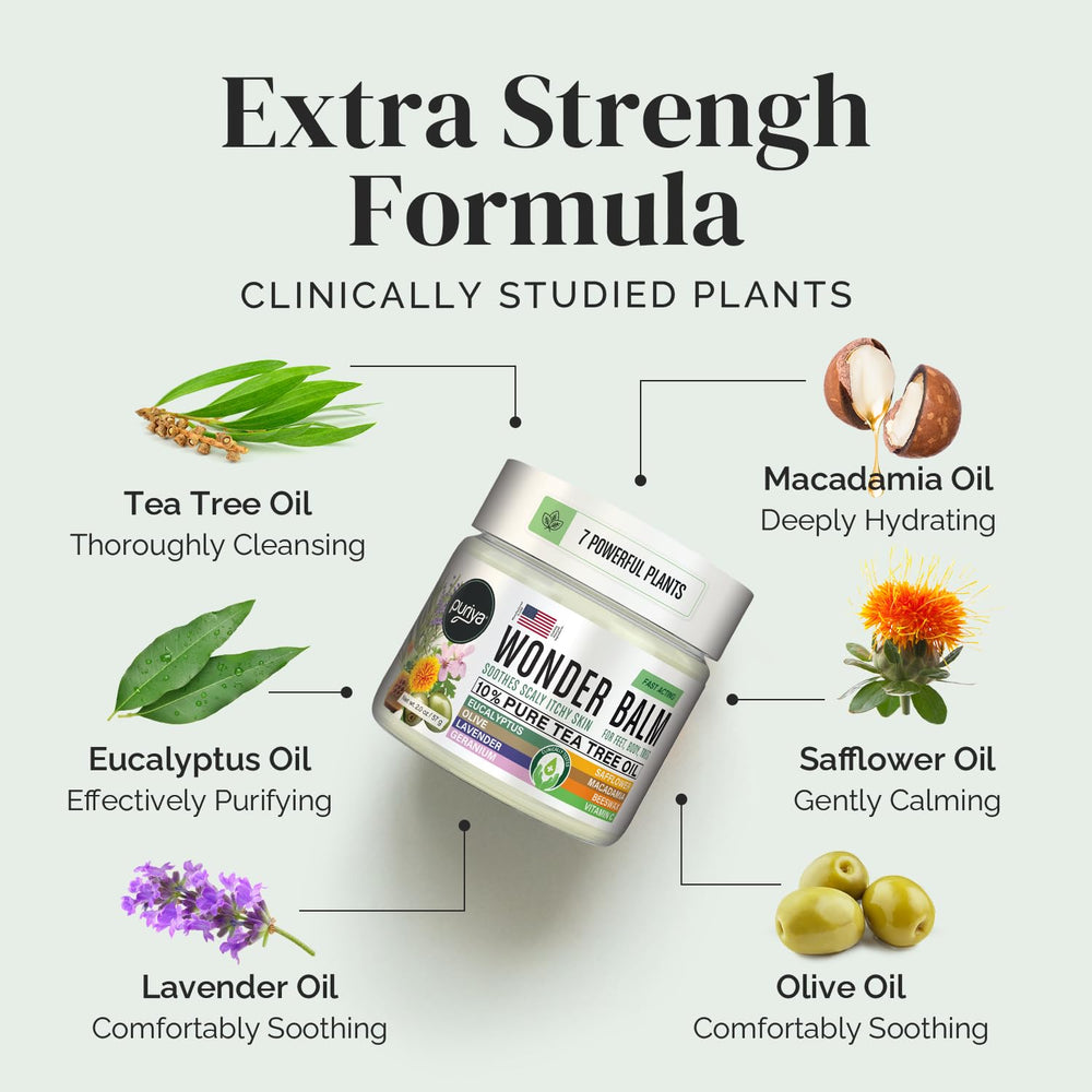 Puriya Wonder Balm ingredients tea tree and macadamia oil highlighted