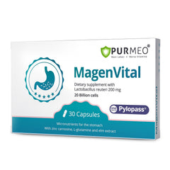 Purmeo 5-in-1 probiotic bottle shows daily capsules for digestive support.