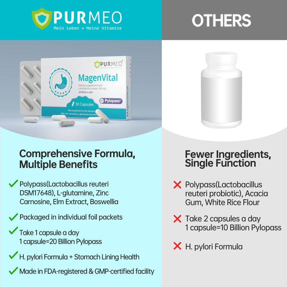 Purmeo ingredients highlight L-glutamine and zinc carnosine for stomach health.