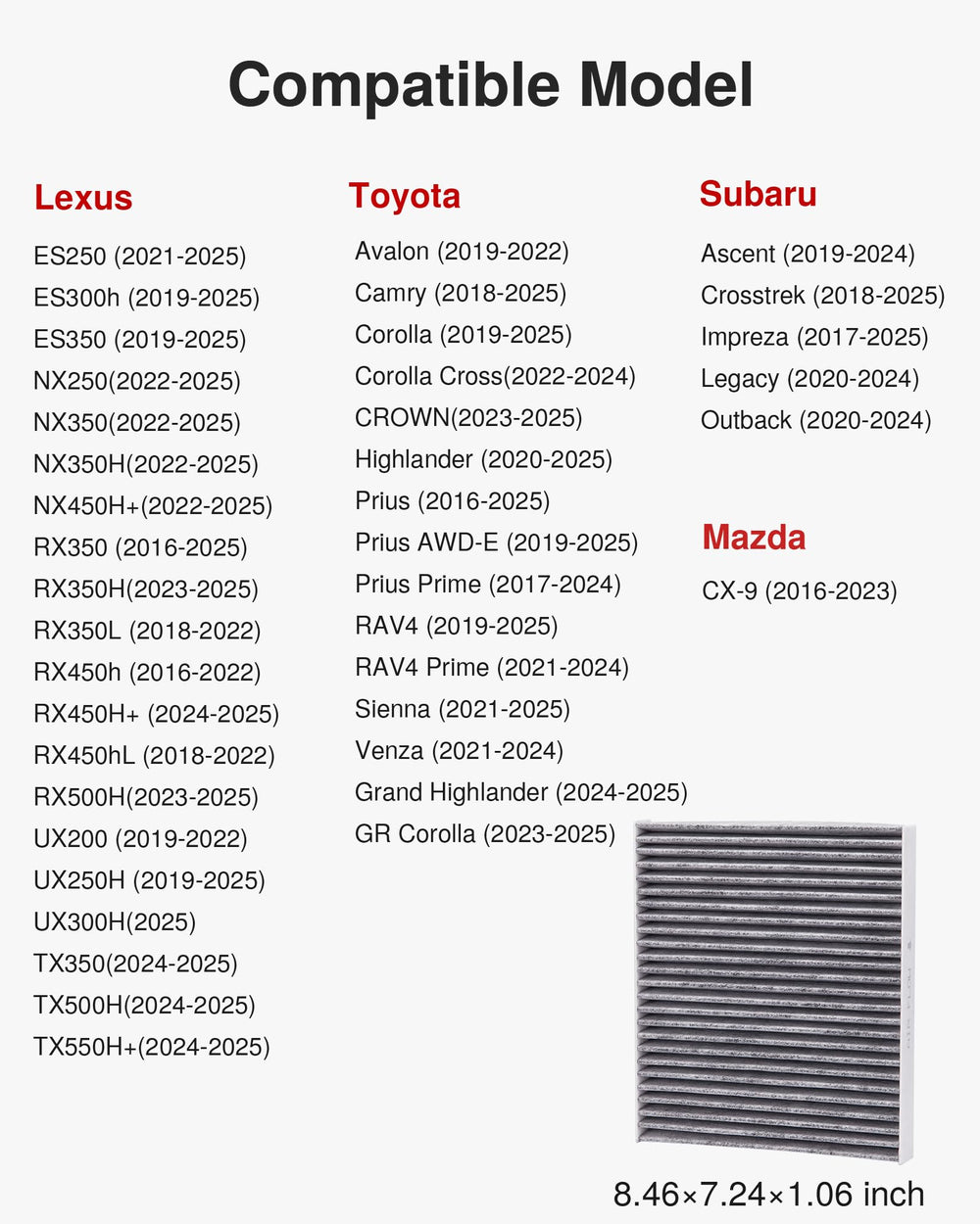 Puroma compatibility list highlighting Lexus, Toyota, Mazda, Subaru models.