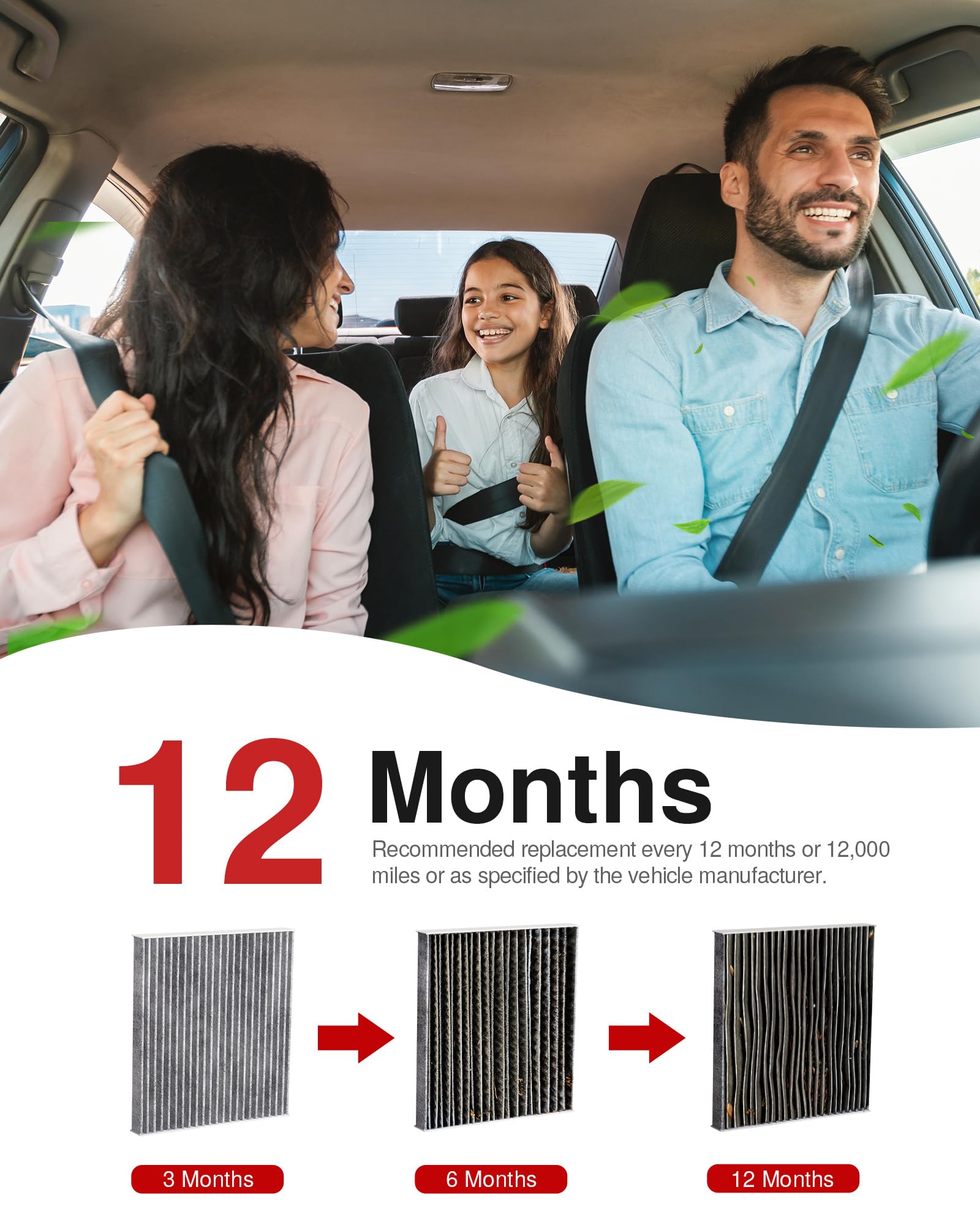 Puroma cabin air filter cross-section highlights filtration and carbon absorbent.