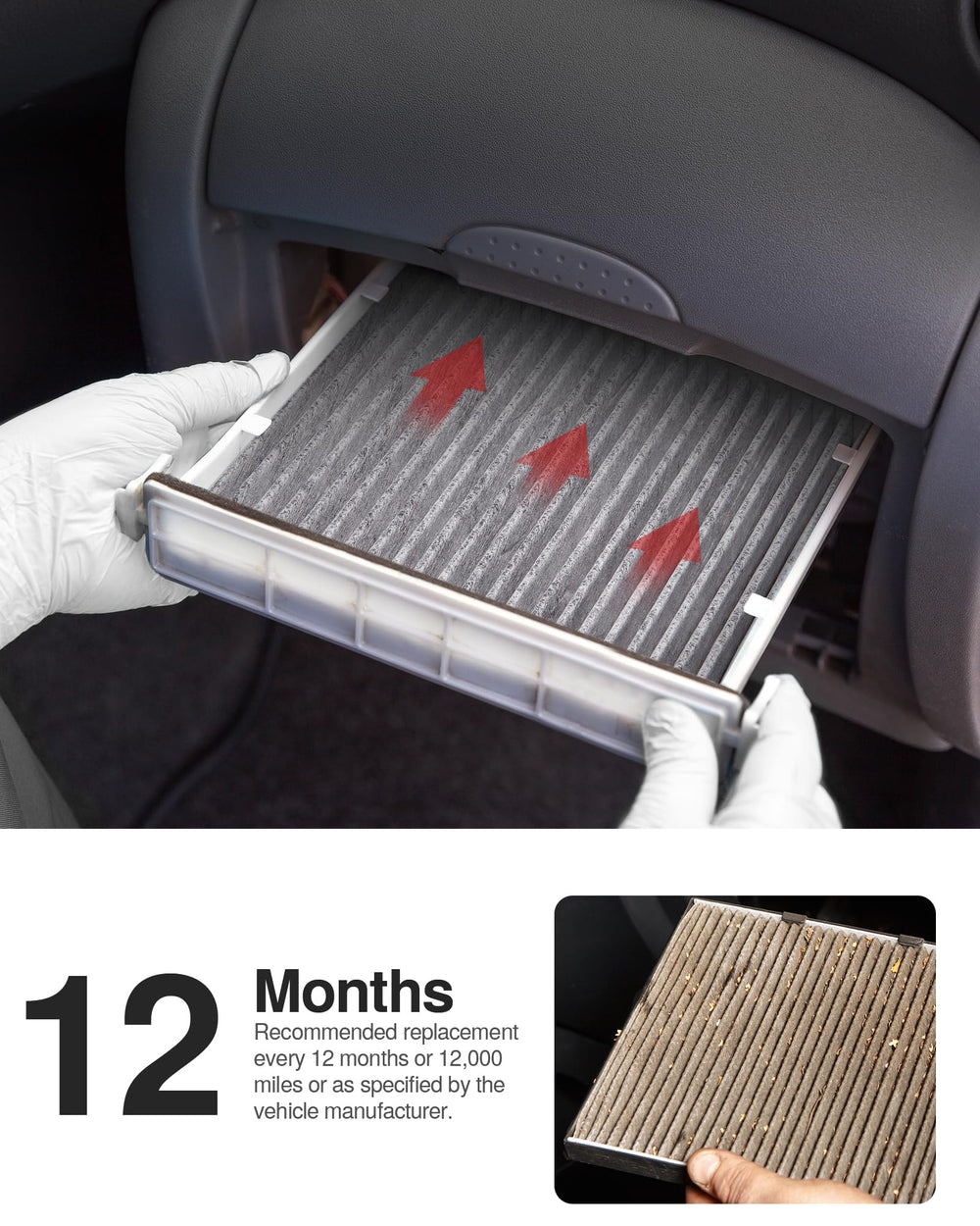 Puroma cabin air filter installed in a car interior scene.