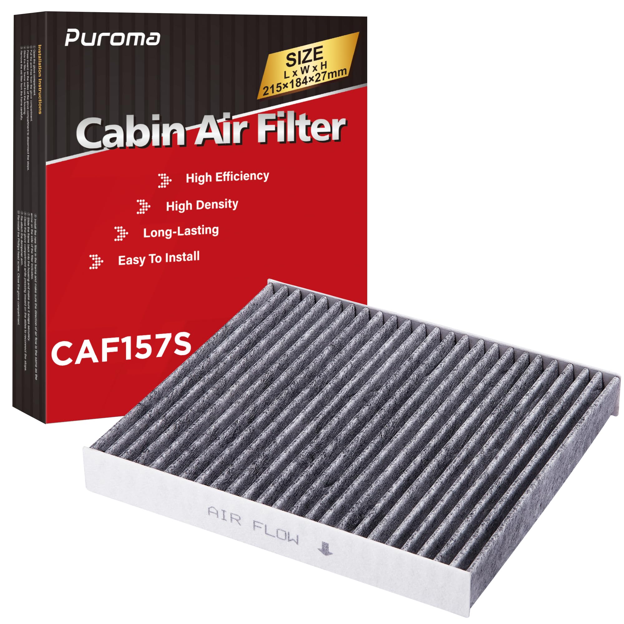 Puroma cabin air filter packaging showing activated carbon for odor control.
