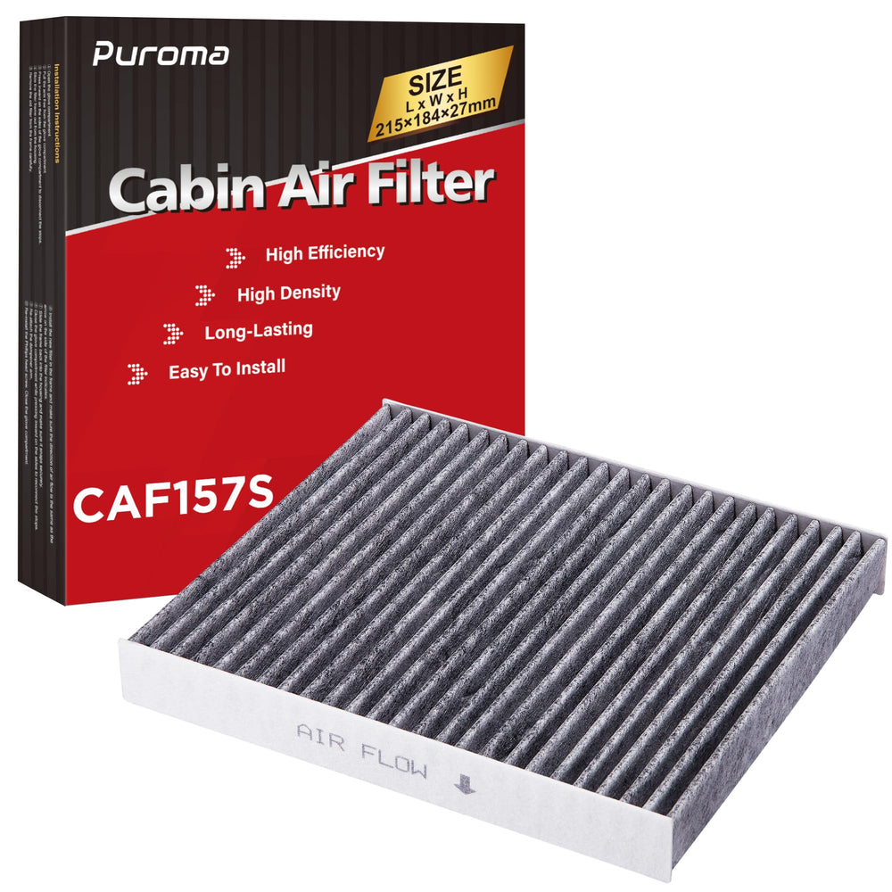 Puroma cabin air filter packaging showing activated carbon for odor control.