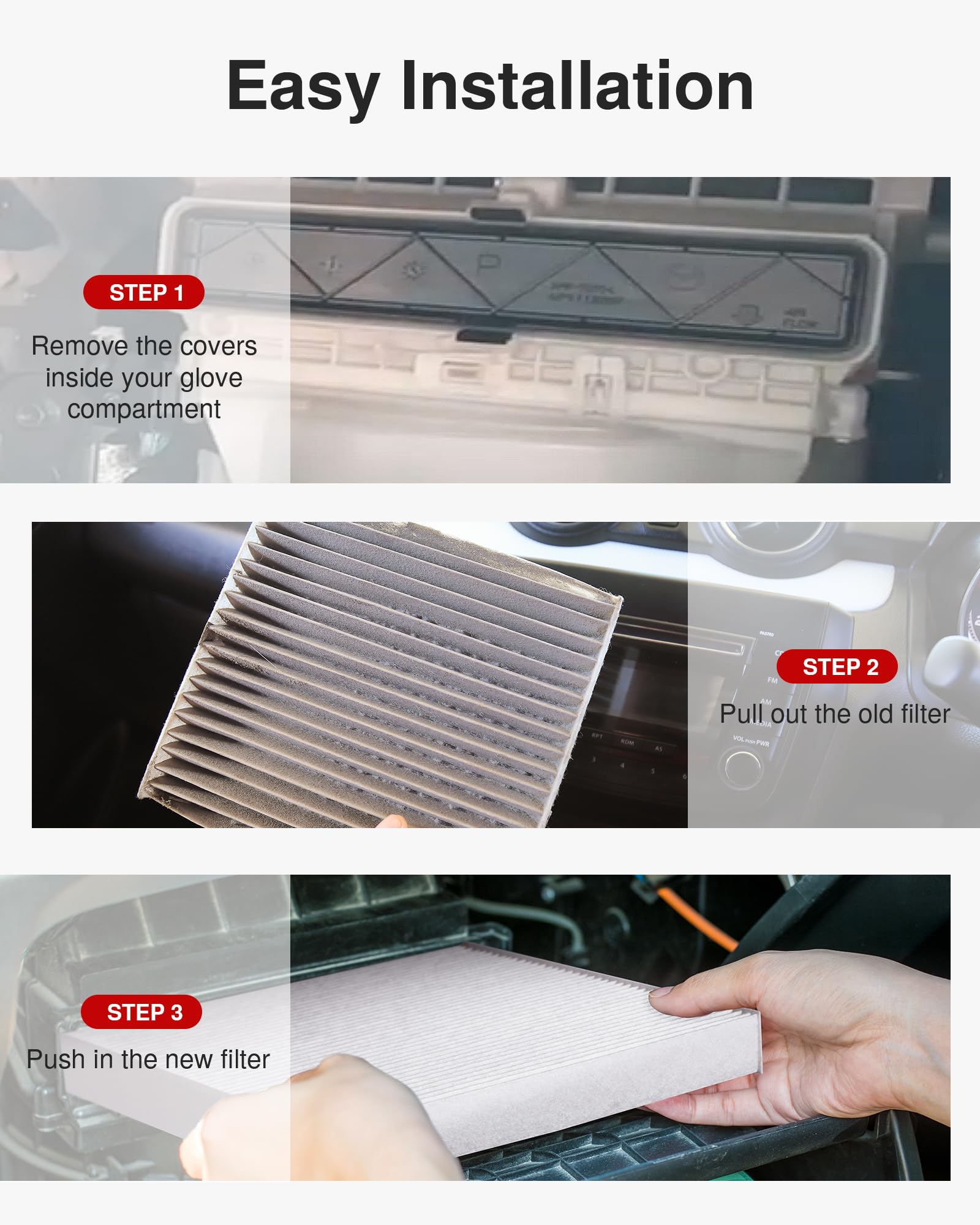 Puroma cabin air filter kit packaging and instructions for replacement