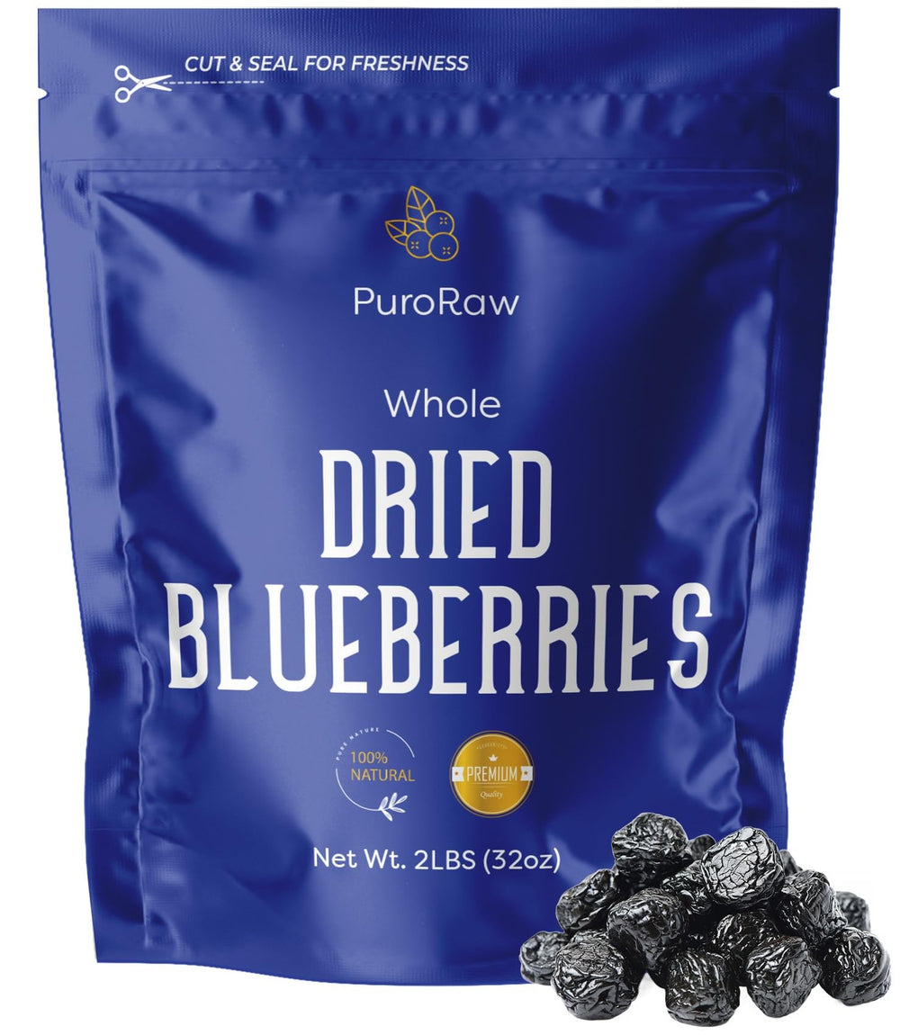 PuroRaw dried blueberries bulk bag front showing resealable pouch for long shelf life.