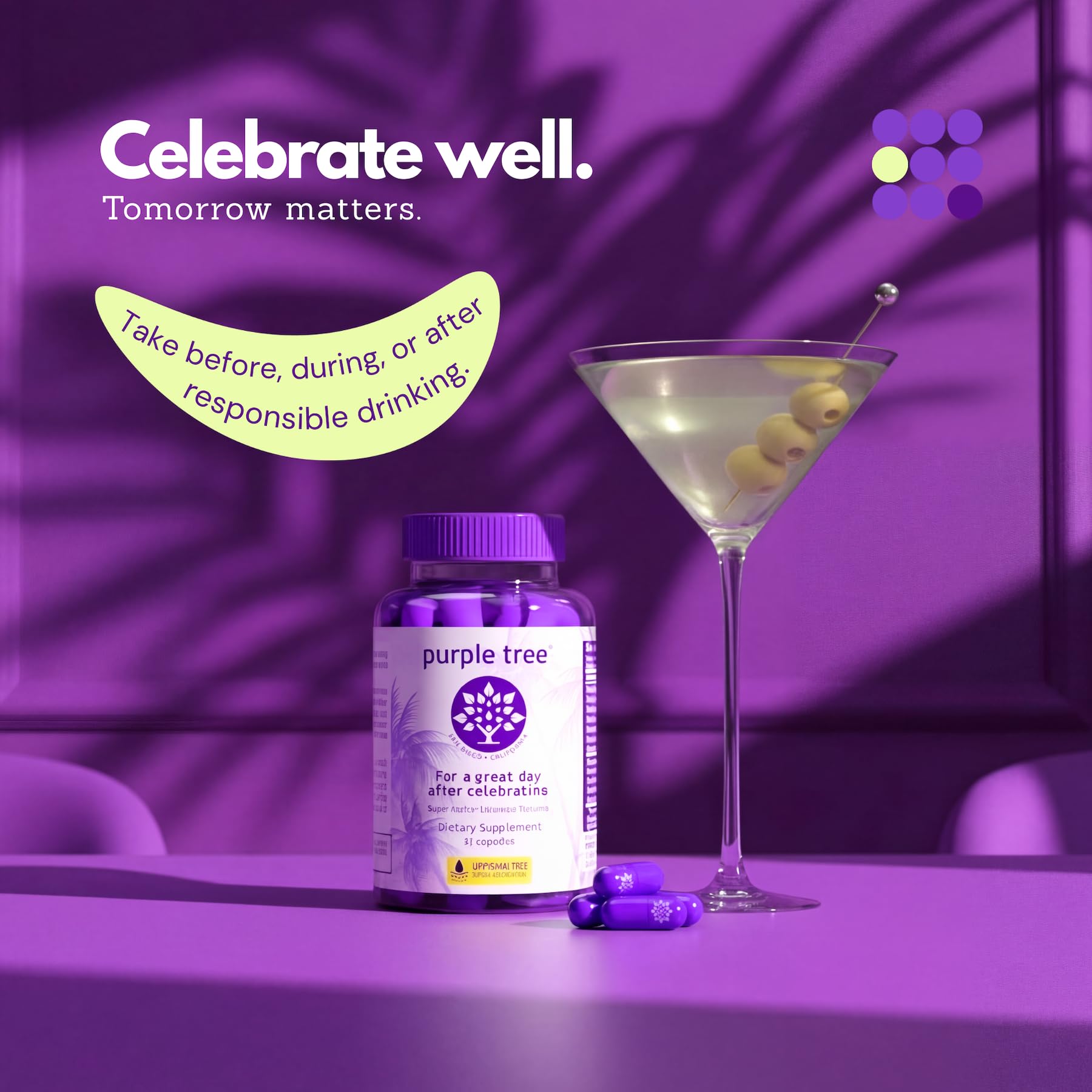 Purple Tree DHM and glutathione capsules shown for liver-support post celebrations.