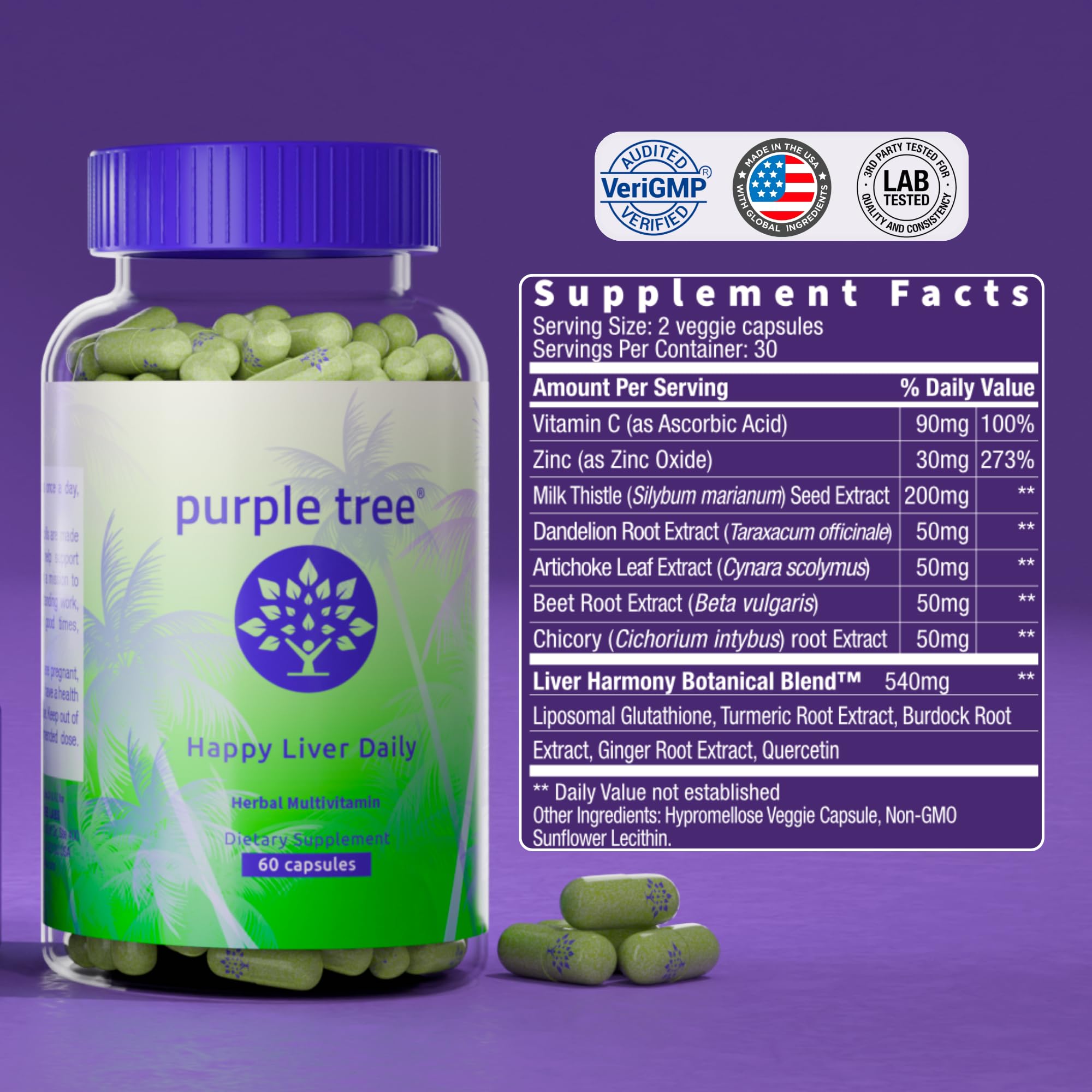 Purple Tree Happy Liver Daily artichoke leaf—natural extract supporting daily nourishment.