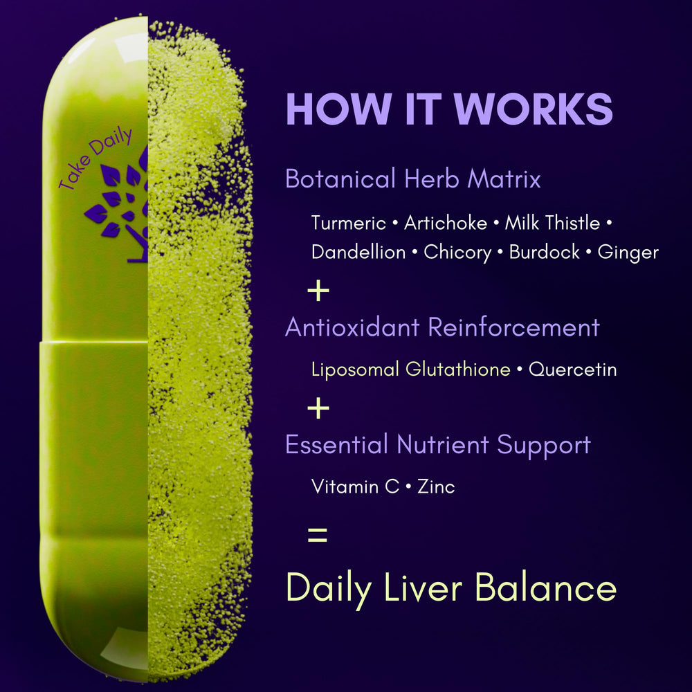 Purple Tree Happy Liver Daily bottle pour—easy daily dosing before meals.
