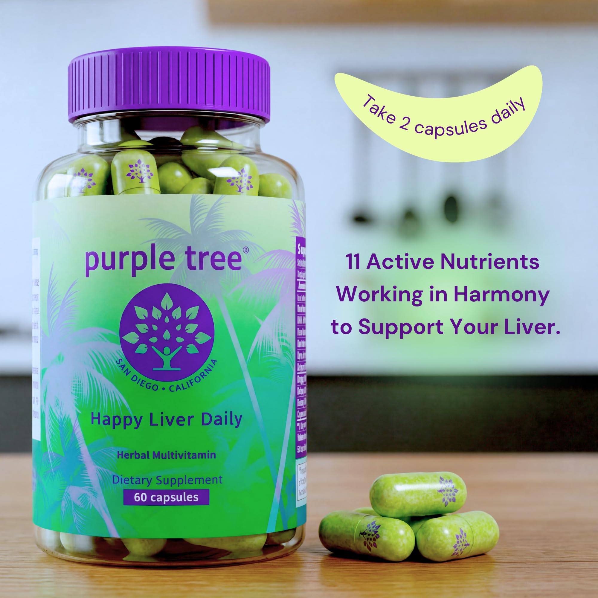 Purple Tree Happy Liver Daily capsules closeup—plant-based capsules for antioxidant support.