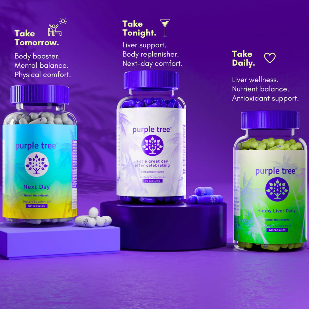 Purple Tree Next Day bottle with glass and lemon enhanced morning ritual