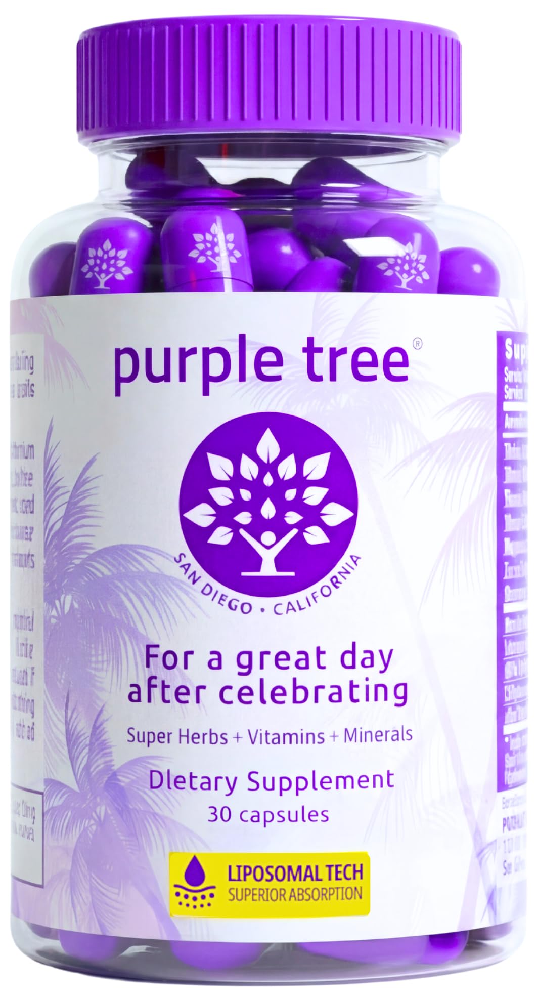 Purple Tree post-celebration bottle with capsules for recovery and hydration.