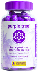 Purple Tree post-celebration bottle with capsules for recovery and hydration.