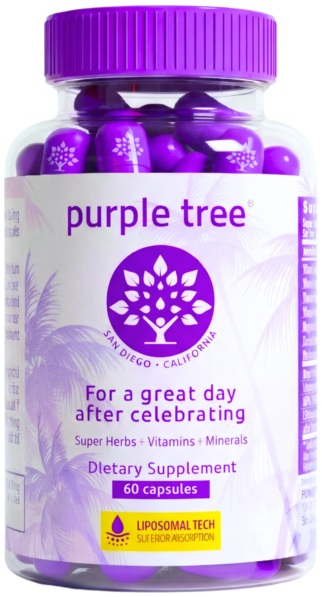 Purple Tree post-celebration supplement bottle supports hydration after social events.