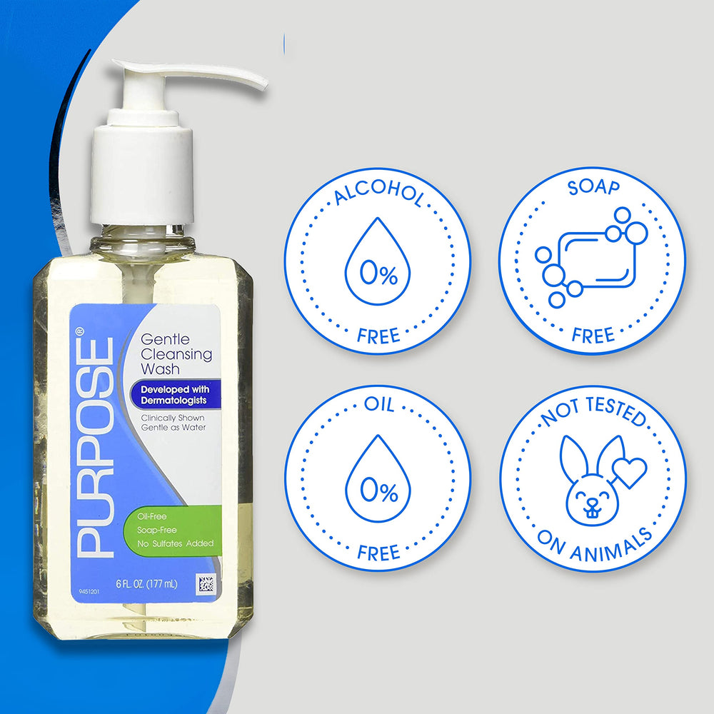 Purpose Gentle Cleansing Wash packaging on shelf—dermatologist-developed for sensitive skin.