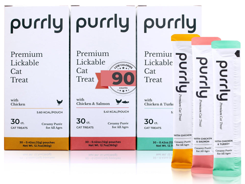 Purrly low calorie bundle pack shot shows a grain-free, protein-forward treat option.
