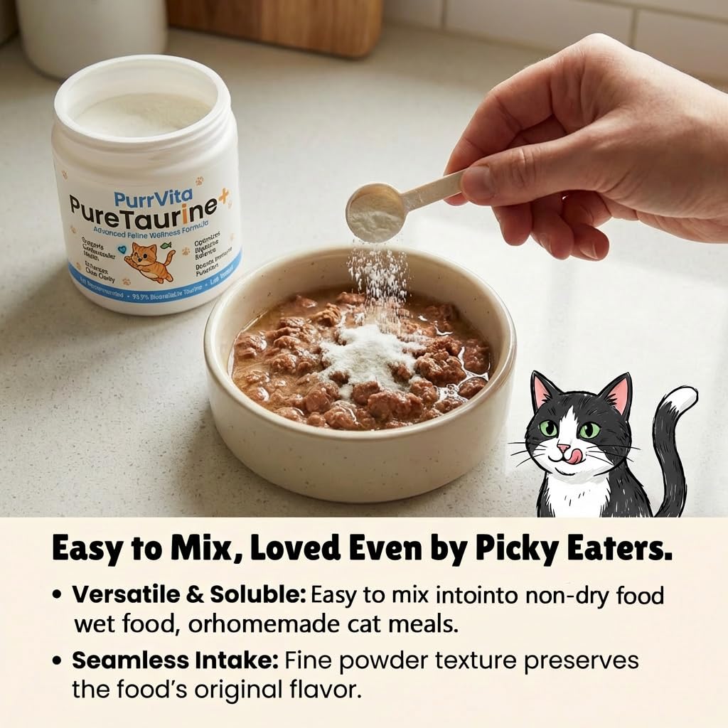 PurrVita Taurine daily-use image highlights convenient, filler-free feline nutrition.