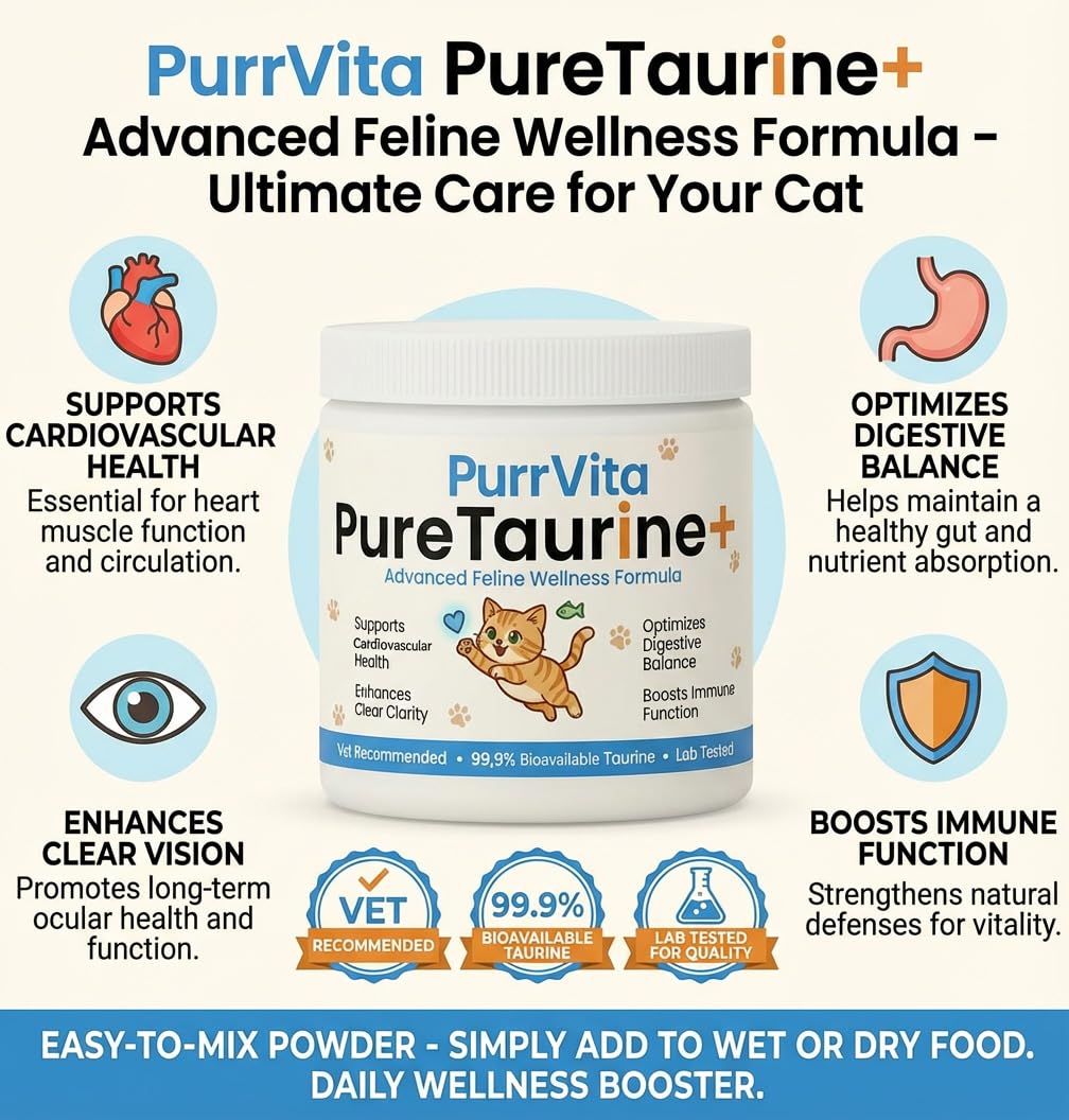 PurrVita Taurine powder being sprinkled over wet food for seamless ingestion.