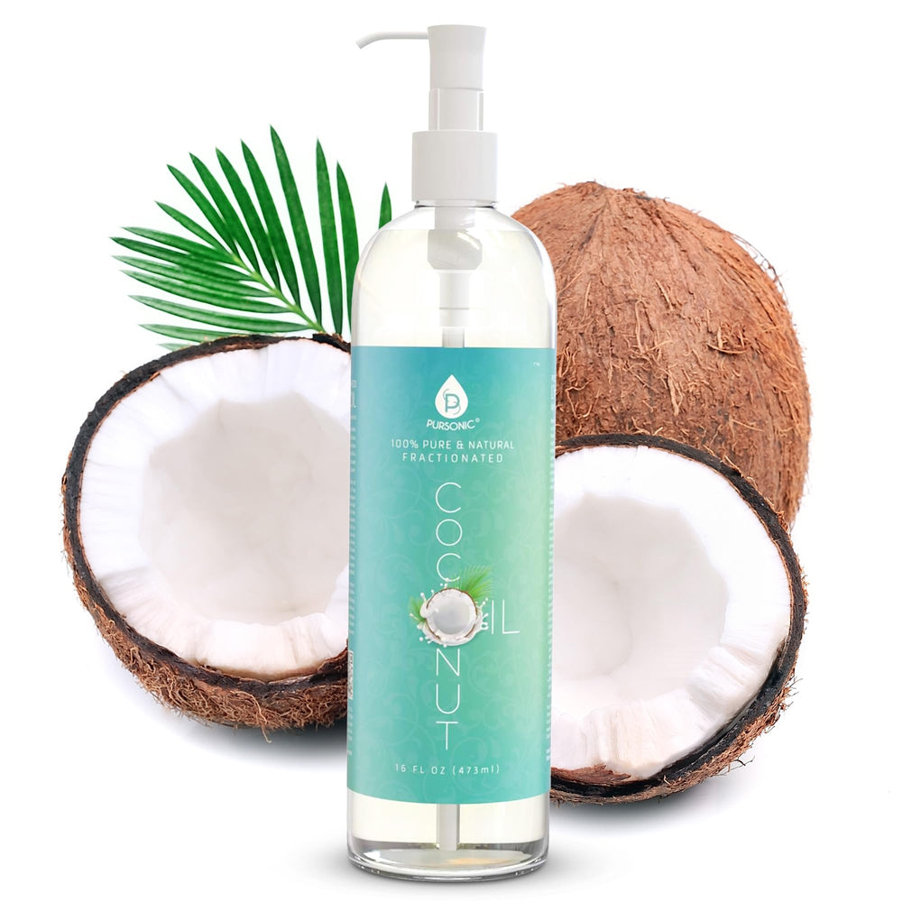 Pursonic Pure Unscented Fractionated Coconut Oil bottle pour aiding quick skin hydration.